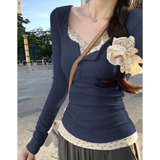 [ORDER có ảnh thật] Áo thun tăm tay dài coquette giả 2 mảnh hoạ tiết hoa nhí siêu dịu dàng 4 màu Navy/Be/Hồng/Xanh