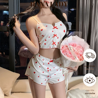  Đồ Ngủ Nữ - Bộ Ngủ Thun 2 Dây Croptop Sexy Họa Tiết Trái Tim Đính Nơ Quyến Rũ VN605 