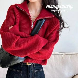 Áo Sweater Len Cổ Lọ Kéo Khóa Zip Dài Tay Form Ngắn Thời Trang Phối Đồ Thu Đông Nữ