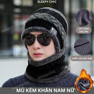  Mũ len nam nữ kèm khăn trùm đầu nón len nam nữ lót lông giữ ấm mùa đông dày dặn SLEEPYCHIC 