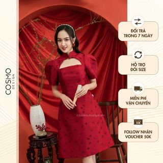 Váy đầm thiết kế nữ dáng xoè tasta hoa đỏ, cổ tàu Red Tulip 11301
