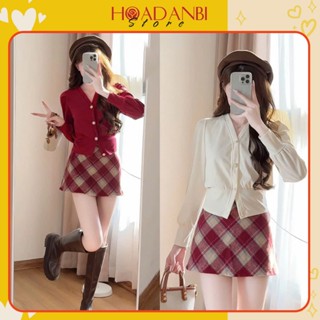 Set áo len tăm mix chân váy dạ chữ A kẻ caro có quần bảo hộ phong cách Hàn Quốc, set váy nữ tiểu thư