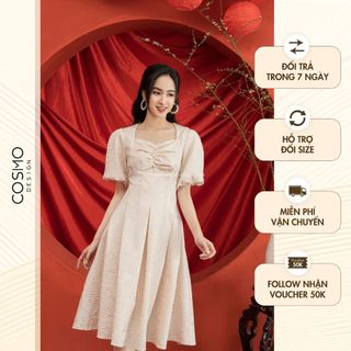 Váy đầm nữ thiết kế dáng xoè hồng be may dúm ngực tay phồng Plumeria hoa sứ trắng 11310