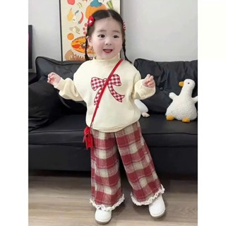 ( SẴN )set bộ cho bé gái hình nơ ở áo mix quần kẻ chất nỉ cho ebs sz 5-18kg tay dài