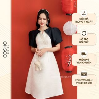 Váy đầm nữ thiết kế dáng xoè tasta kem may diễu cổ phối tím than tay phồng Apricot hoa bạch mai11312