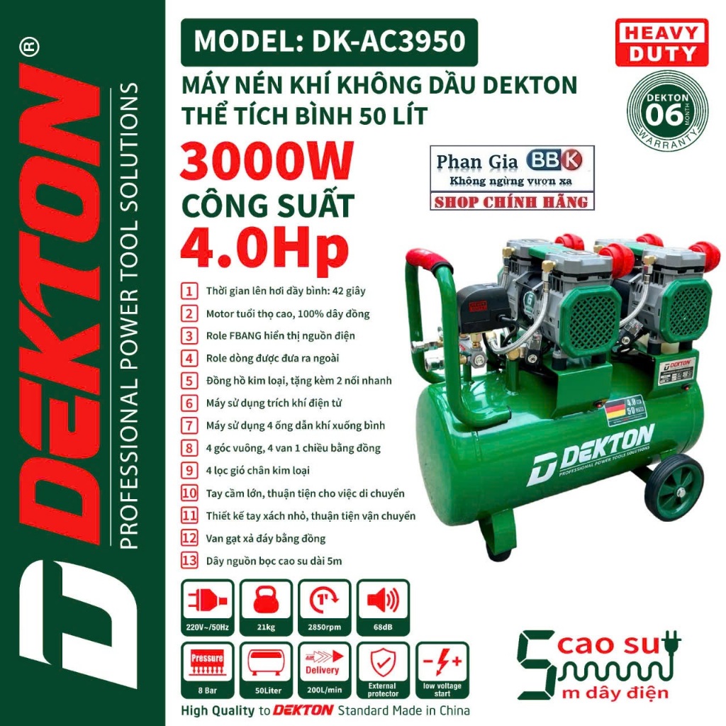 [CHÍNH HÃNG] Máy Nén Khí 4HP/50L Dekton Khong Dầu / DK-AC3950 / 42 Giây Đầy Bình/50L, 100% Dây đồng, Bảo hành 12 tháng