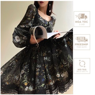 Váy Thiết Kế Cổ Vuông Đè Ren Màu Đen Hoa – Vh139