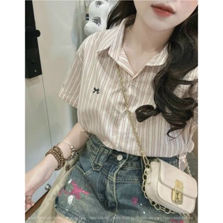 áo sơ mi kẻ sọc nữ cộc tay thêu nơ , áo sơ mi nữ cộc tay thêu nơ kiểu dáng hàn quốc Huyenstore.23 (A142)