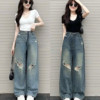 Quần Jean Bò Nữ Ống Suông Rộng Bigsize 55-90kg Lưng Cao Rách Kiểu Kèm Hoạ Tiết Xinh Xắn Ms240