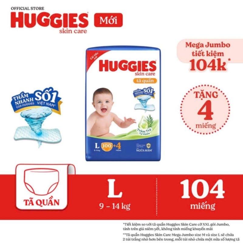 [MẪU MỚI 5MM] BỈM HUGGIES MEGA JUMBO SKINCARE TRÀM TRÀ CÁC SIZE M106/L104/XL88/XXL80