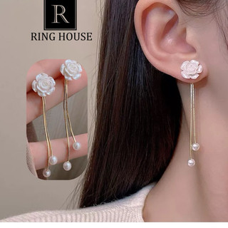   Chuôi bạc 925  E404 khuyên tai nữ hoa hồng trắng thả đẹp 