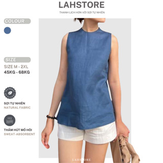 Set đồ nữ linen LAHSTORE áo sát nách cổ tròn & quần đùi ống rộng lưng thun SET03 (Xanh Đá)