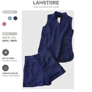  Đồ bộ nữ linen LAHSTORE áo sát nách cổ sơ mi & quần đùi ống rộng lưng thun SET04   Xanh Than  