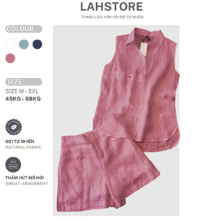  Set đồ nữ linen LAHSTORE áo sát nách cổ sơ mi & quần đùi ống rộng lưng thun SET04   Hồng Trắng Xanh Dương Xanh Navy  