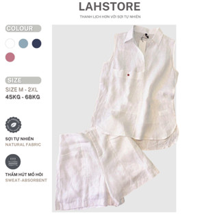 Đồ bộ nữ linen LAHSTORE áo sát nách cổ sơ mi & quần đùi ống rộng lưng thun SET04 (Trắng)