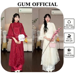 Áo dài cách tân Sư Tử phối lông vũ cổ trụ 4 tà họa tiết thêu kì lân, Áo dài Tết dáng suông cổ cao tay lông Gum Official