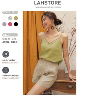 Set đồ nữ linen LAHSTORE áo 2 dây cổ V & quần short nữ xắn gấu ống rộng lưng thun (Đen)