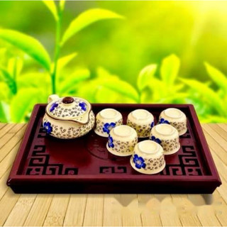 khay ấm chén nhựa vân gỗ cao cấp có khay hứng nước