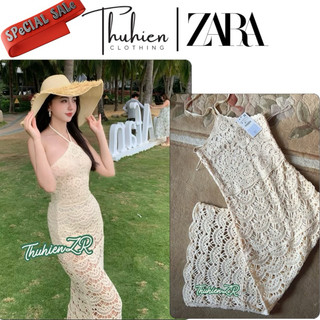 (Chính hãng size L)Váy midi ZARA 2712/806/712 dây cổ dáng dài vải sợi móc màu kem(kèm ảnh thật)