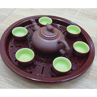 khay ấm chén nhựa vân gỗ cao cấp có khay hứng nước
