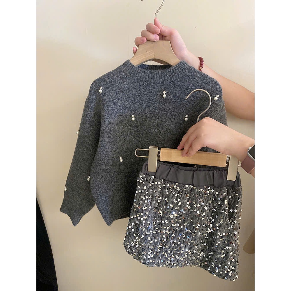Sét Áo Len Cổ Tròn Đính Hạt - Chân Váy Sequin Bé Gái Đi Tiệc, Lễ Tết Siêu Xinh - Chât Liệu Cao Cấp C