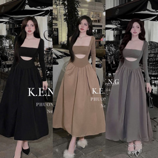  Đầm thun dài tay khoét ngực dáng maxi xoè dài siêu đẹp sang chảnh 