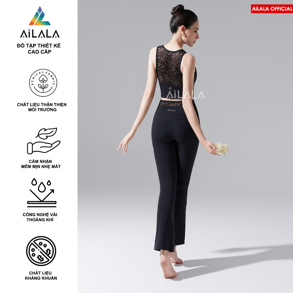 AiLALA® Set Tập Yoga Gym Thể Thao LUX03A, Quần Ống Loe Cạp Cao, Ren Jacquard Cao Cấp