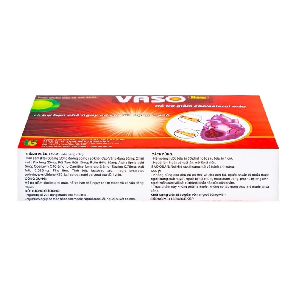 Viên Uống Giảm Mỡ Máu Vaso New Giúp Giảm Nguy Cơ Xơ Vữa Động Mạch, Nhồi Máu Cơ Tim (Hộp 30 Viên)