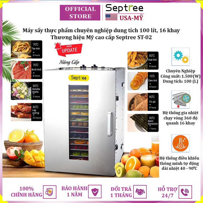 Máy sấy thực phẩm thương hiệu Septree ST-02 16 khay -Dung tích 100L - Hàng chính hãng (BH 1 NĂM)