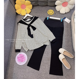 Áo Kẻ Kèm Khăn Mặc Bầu Cotton Gai – Ảnh Thật