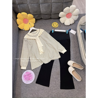 Áo Kẻ Kèm Khăn Mặc Bầu Cotton Gai – Ảnh Thật