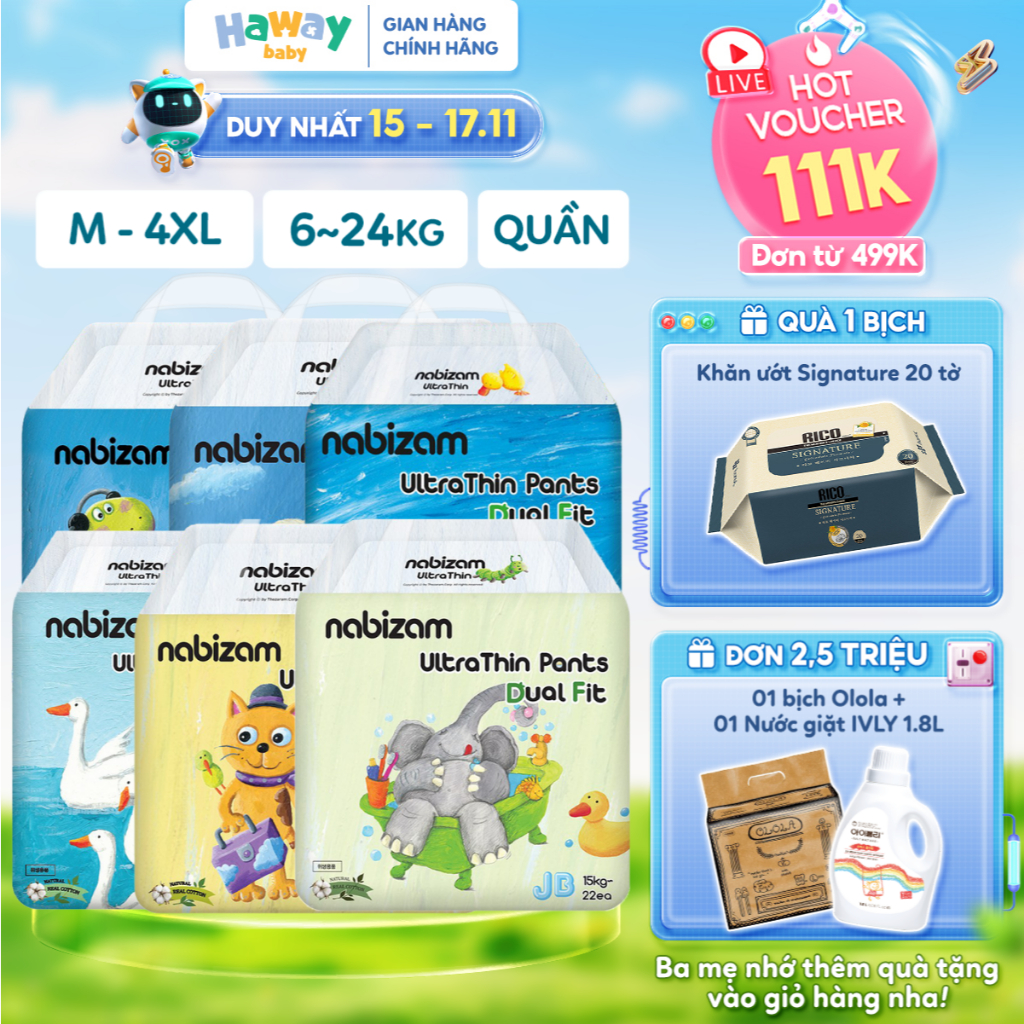 (MỚI CẢI TIẾN) Tã Bỉm Quần NABIZAM ULTRA THIN 4 Mùa, Mềm Mỏng, Thấm Hút Vượt Trội Hơn, Size M-4XL Cho Bé 6-24kg+ HAWAY
