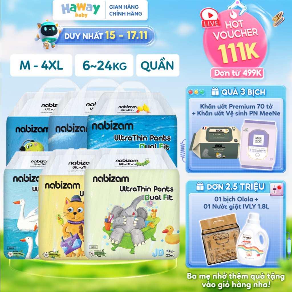 (MỚI CẢI TIẾN) Combo 3 Tã Bỉm Quần NABIZAM ULTRA THIN 4 Mùa Thấm Hút Vượt Trội Hơn, Size M-4XL Cho Bé 6-24kg+ HAWAY
