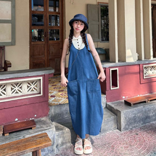 (Hàng sẵn) Đầm yếm jean dáng dài nữ phối nút hai bên có túi tiện lợi - gocnhavit.fordaily