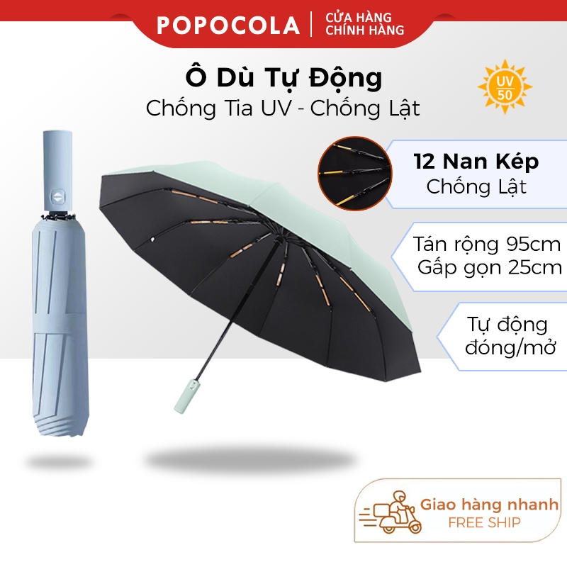 Ô gấp gọn tự động 12 nan kép, ô dù che mưa nắng mini chống tia UV tự động đóng mở nước che mưa ngoài