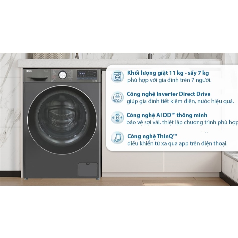 Máy giặt sấy LG Inverter giặt 11 kg - sấy 7 kg FV1411D4B 2024 - VIỆT NAM