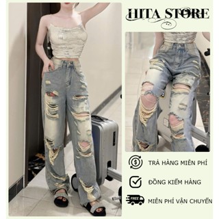 [ORTD5620] QUẦN JEAN ỐNG RỘNG NỮ LƯNG CAO RÁCH CÀO TE TUA HAI ĐÙI GỐI MÀU XANH NHẠT CÁ TÍNH TÔN DÁNG