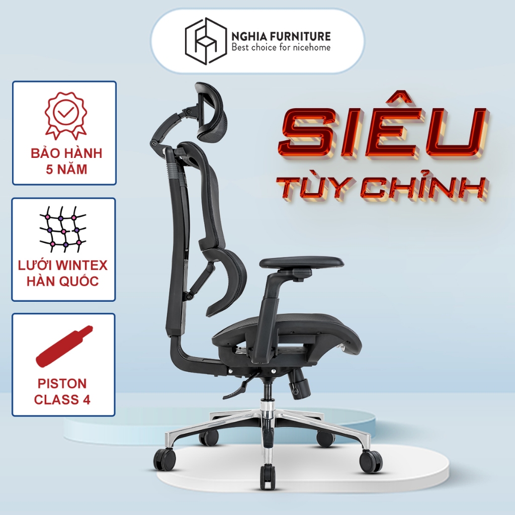 Ghế Văn Phòng Công Thái Học Nghiafurniture Lumbar Full Tính Năng Bá Đạo, Lưới Wintex, Piston Class 4
