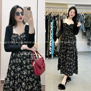 Set váy voan hoa nhí kèm cadigan mềm tiểu thư loại 1