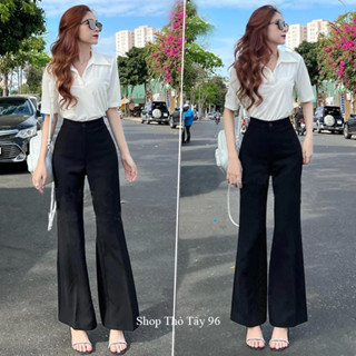  Quần tây ống loe lưng cao 1 cúc công sở đi học hẹn hò hack dáng quần ống loe cạp cao ống rộng dài vải Vitex dày màu đen 