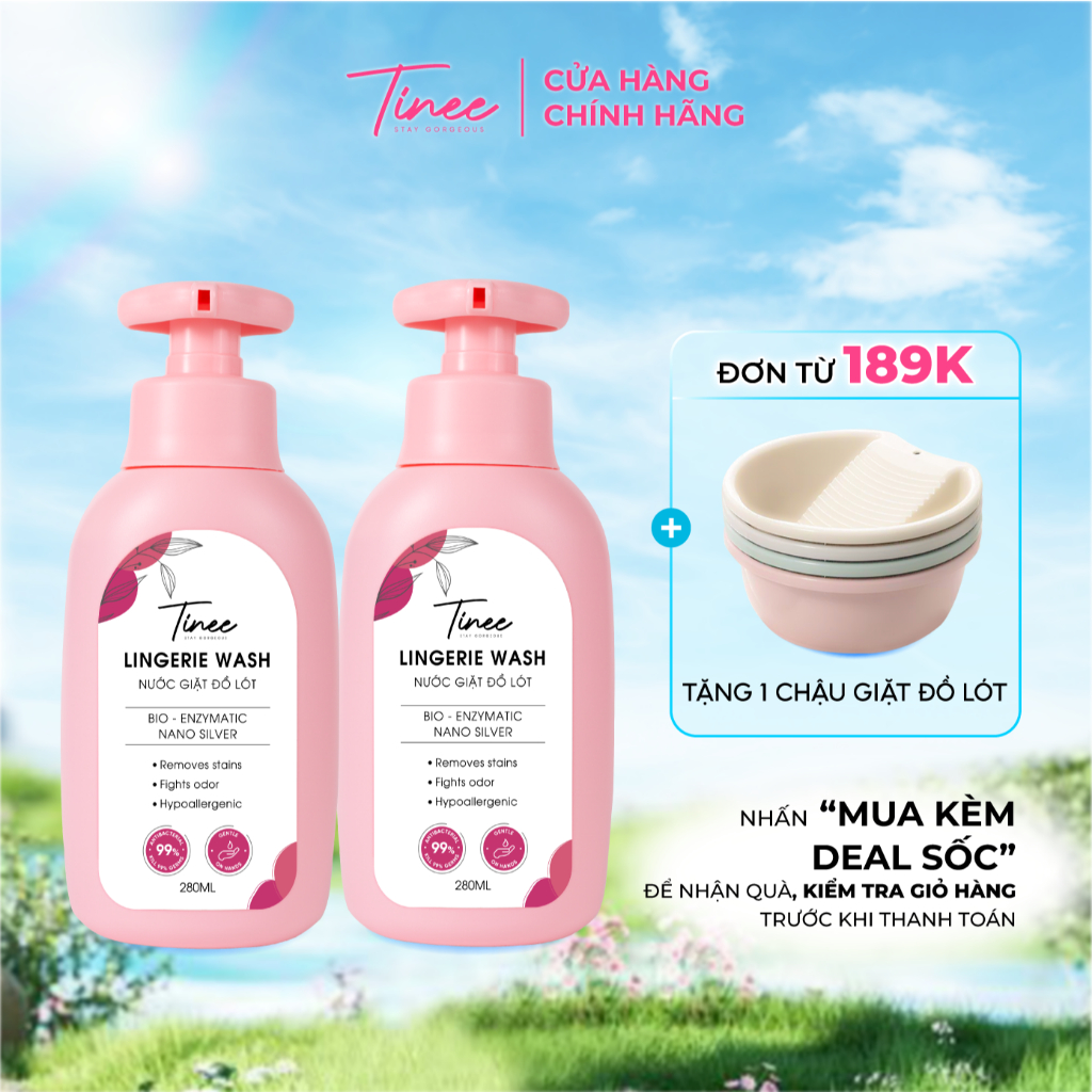 Combo 2 chai Hồng Nước giặt đồ lót sinh học Tinee 280ml/ chai - Bản nâng cấp Nano bạc kháng khuẩn 99%