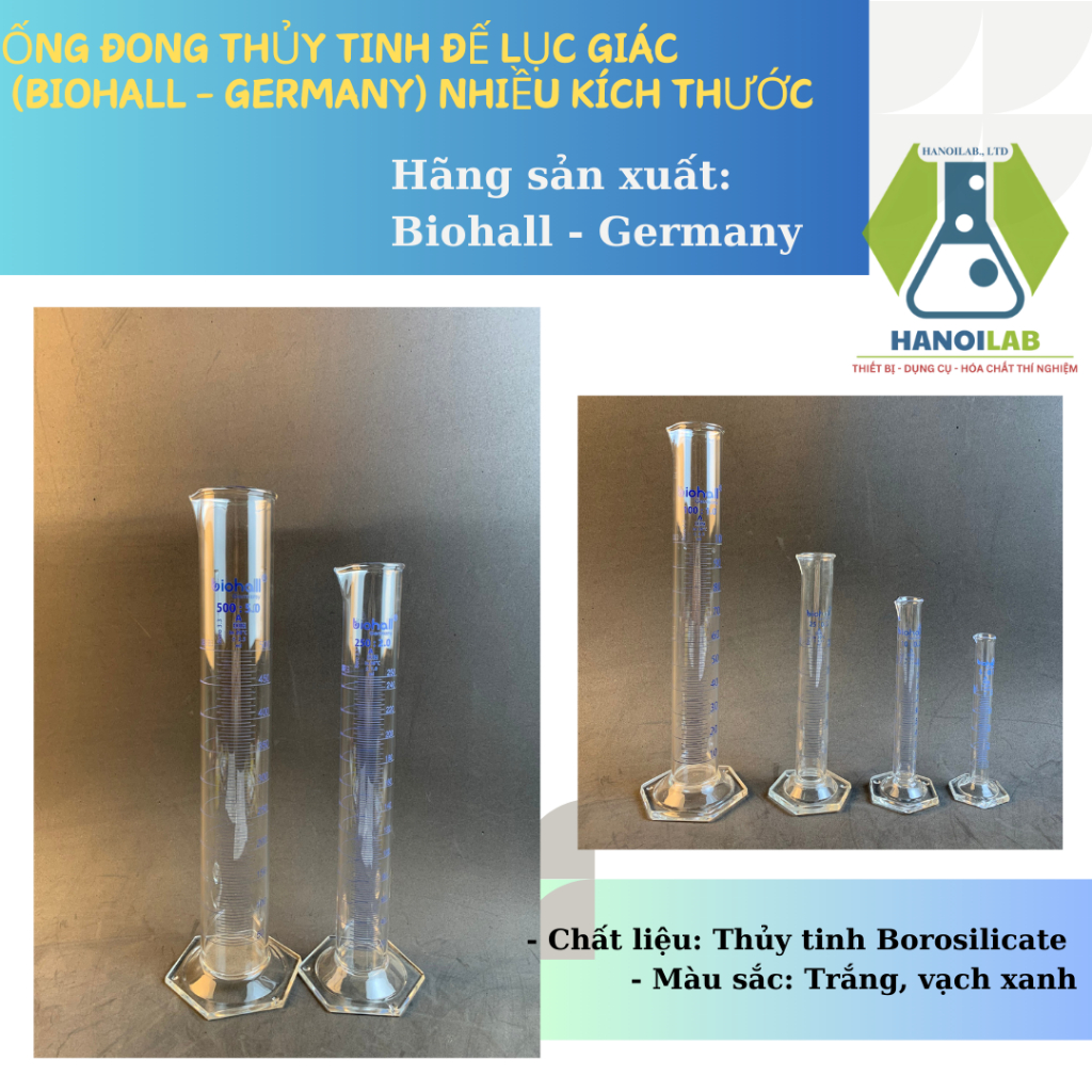 Ống đong thủy tinh vạch xanh đế lục giác hàng (Biohall-G) nhiều kích thước - YTHN