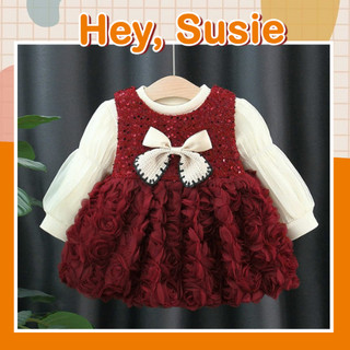  V3325- Váy Đỏ Hoa Nổi Nơ Kem Kèm Áo Cho Bé Gái Size 8-18kg 