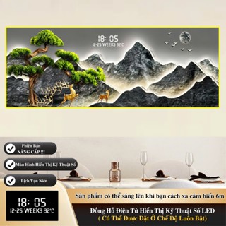  Tranh Treo Tường "Nhật Chiếu Kim Sơn"-Tranh Tráng Gương Kèm Đồng Hồ Kỹ Thuật Số LED Cảm Biến Radar 