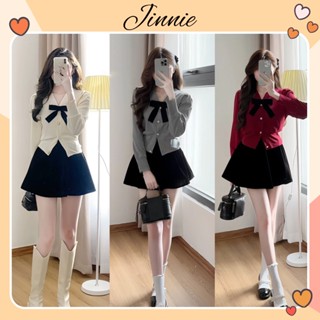  Set áo len tăm nữ dài tay kèm nơ mix chân váy nhung dáng ngắn tiểu thư thanh lịch mùa thu đông 