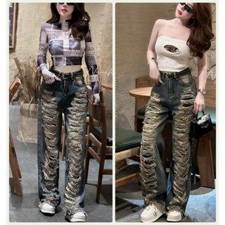   ORDM3919  QUẦN JEAN ỐNG RỘNG NỮ LƯNG CAO RÁCH TE TUA HAI MẶT TRƯỚC QUẦN MÀU XANH ĐẬM PHỦ BỤI VÀNG 