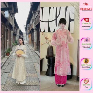  Áo dài nữ 4 tà GIAI THỤY Tamdesigner tay đính lông vũ trắng,Áo dài hiện đại sang chảnh cách tân kèm quần theo bộ cao cấp 