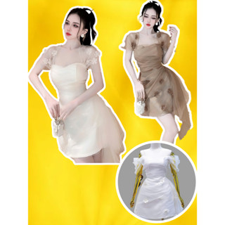 [Ảnh thật] Đầm Váy dự tiệc body trễ vai tafta phối lưới đính hoa 3D40-65KG bigsize vạt chéo xoè A ngắn váy nâu FANCY
