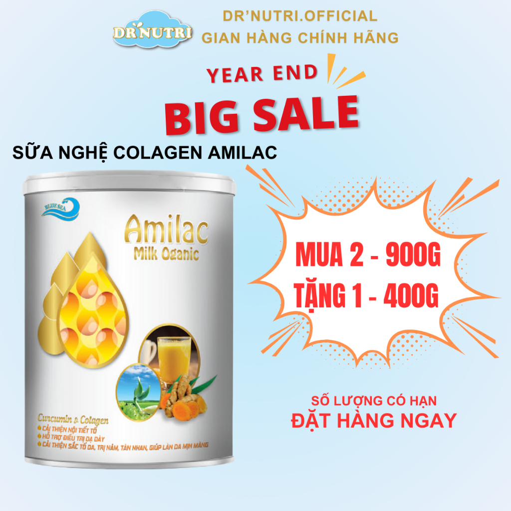 Sữa nghệ curcumin collagen mầm đậu nành Amilac Milk Organic  lợi sữa, giảm sạm nám da hộp 900g