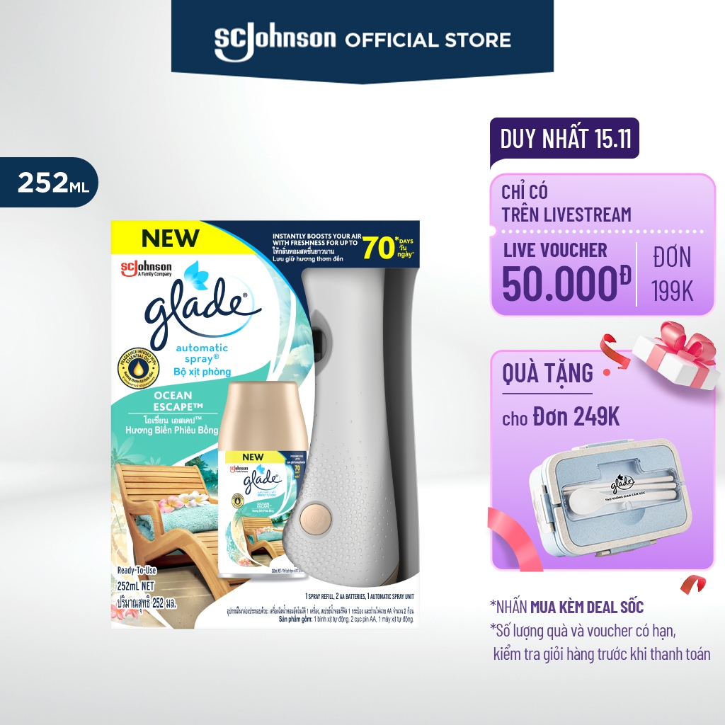 Glade Bộ Máy & Lõi Xịt Phòng Tự Động Hương Biển Phiêu Bồng 252ml